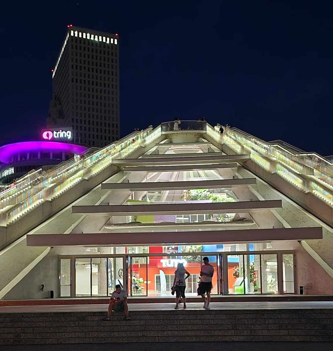 The Pyramid of Tirana illuminated at night