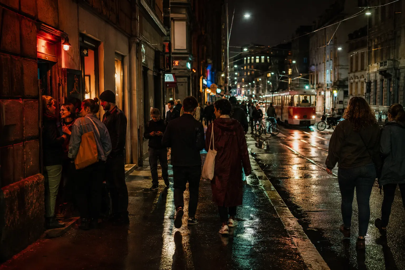 Festival visitors moving between small city venues on a wet tram street at night