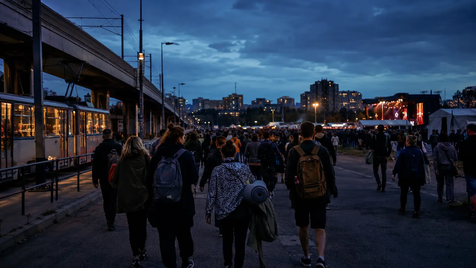 Festival visitors arriving by tram at an outdoor city festival at blue hour