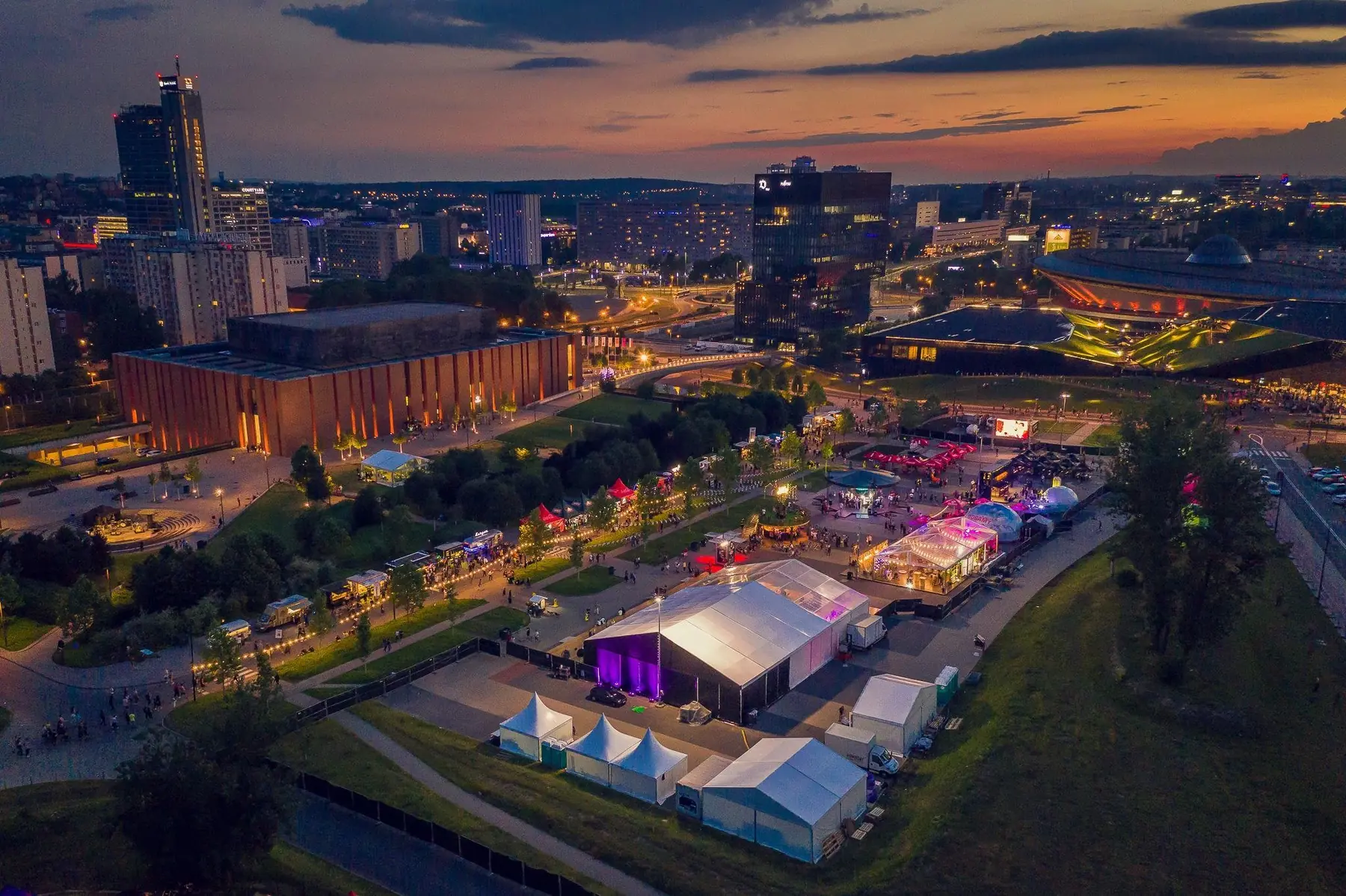 Aerial view of Tauron Nowa Muzyka and the Katowice Culture Zone at dusk