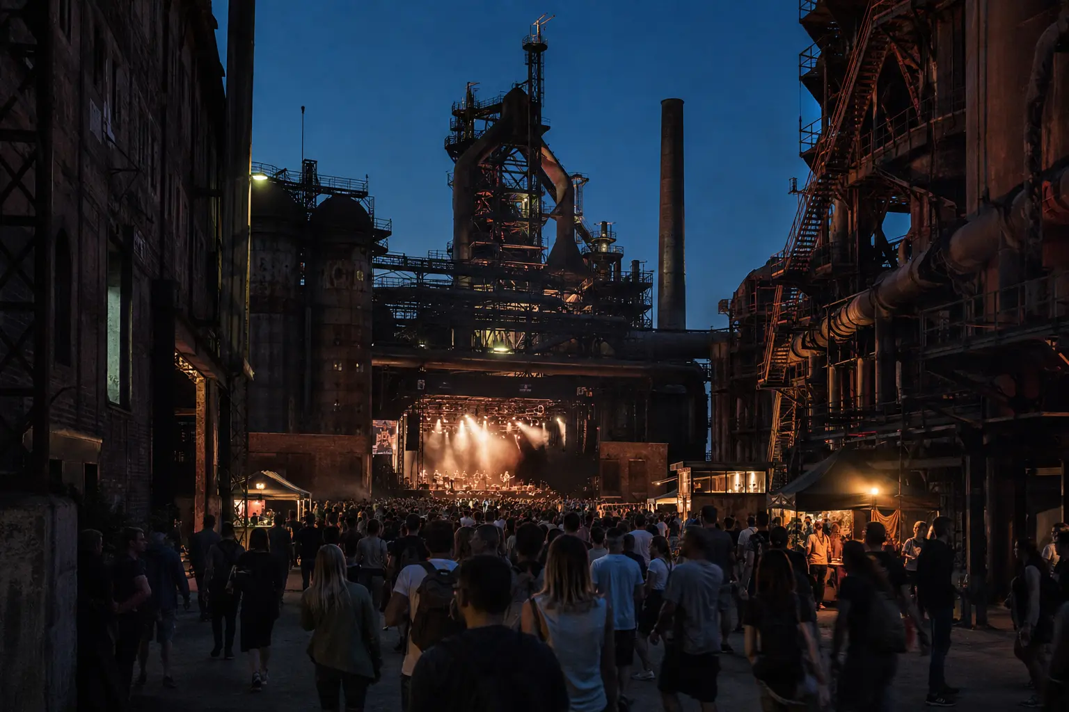 Music crowd beneath the steel structures of a former industrial complex at blue hour